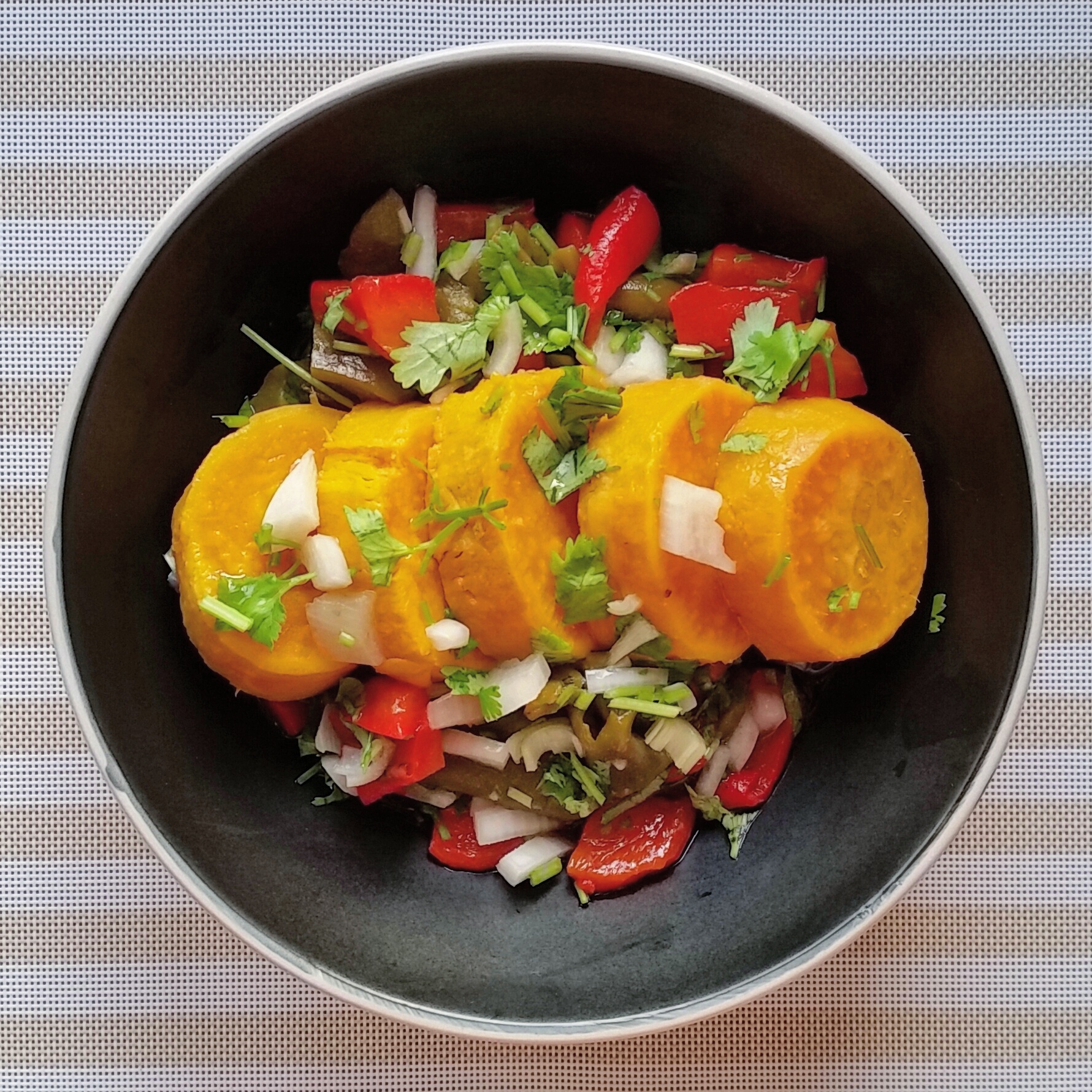 Sweet potato, roast pepper & coriander salad
