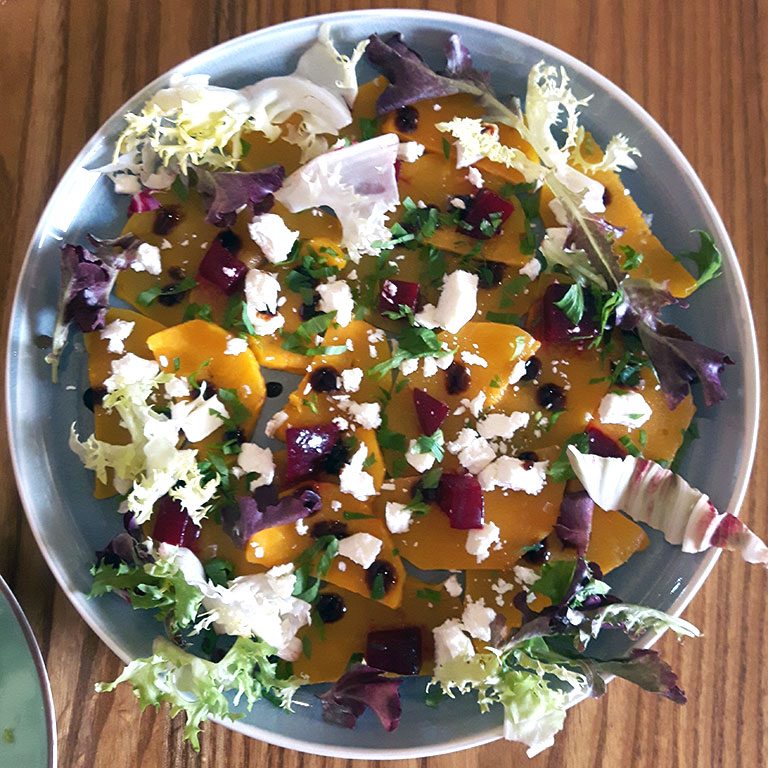 Butternut squash carpaccio with cheese, beetroor and a sweet balsamic vinegar dressing